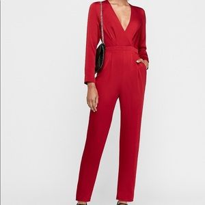 EXPRESS RED Satin Plunge Neck Long Sleeve Jumpsuit